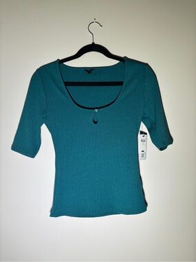 GUESS Teal Ribbed Scoop Neck Short Sleeve Top
